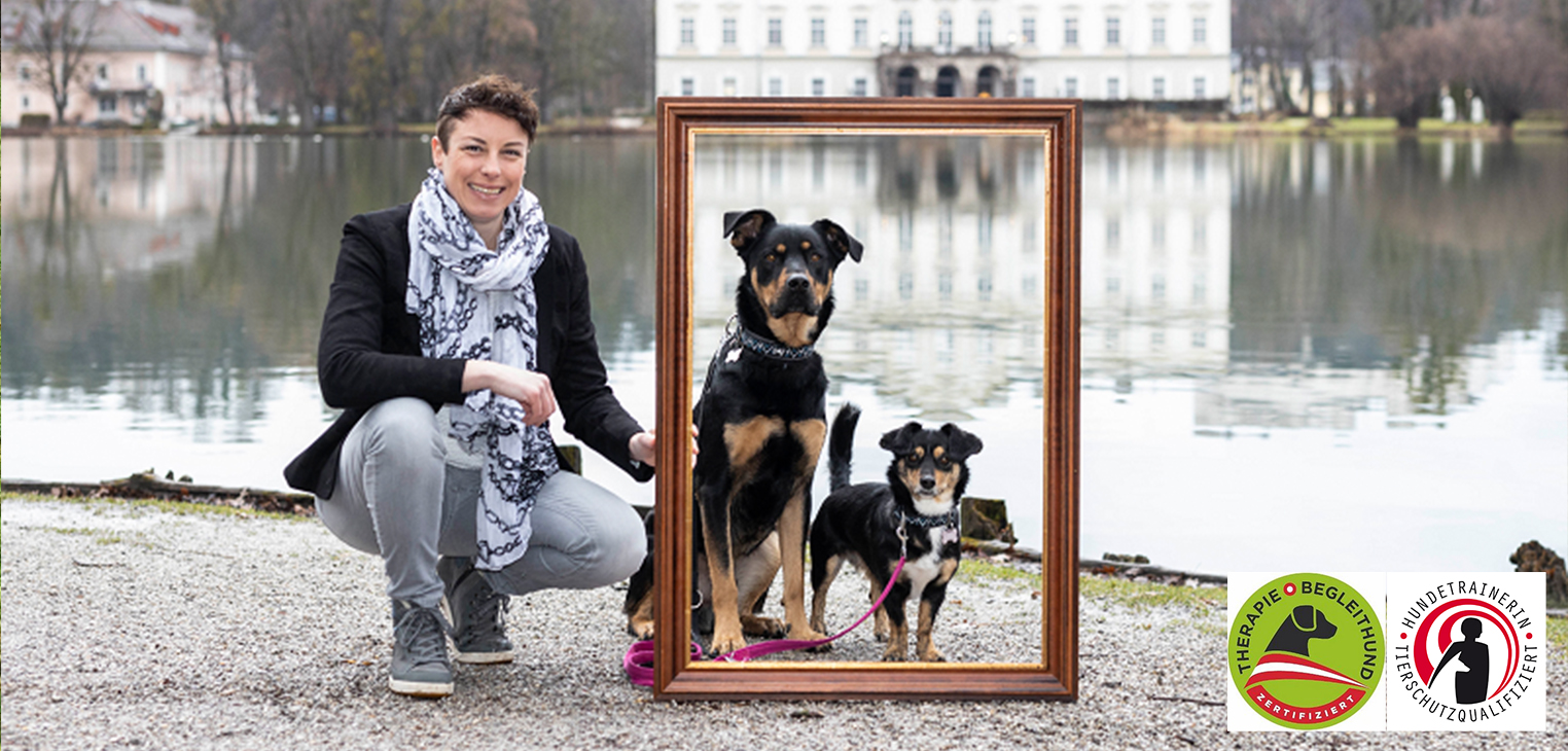 Tanja Gratzer tierschutzqualifizierte Hundetrainerin mit Charly und Lotte Therapiebegleithunde 2026